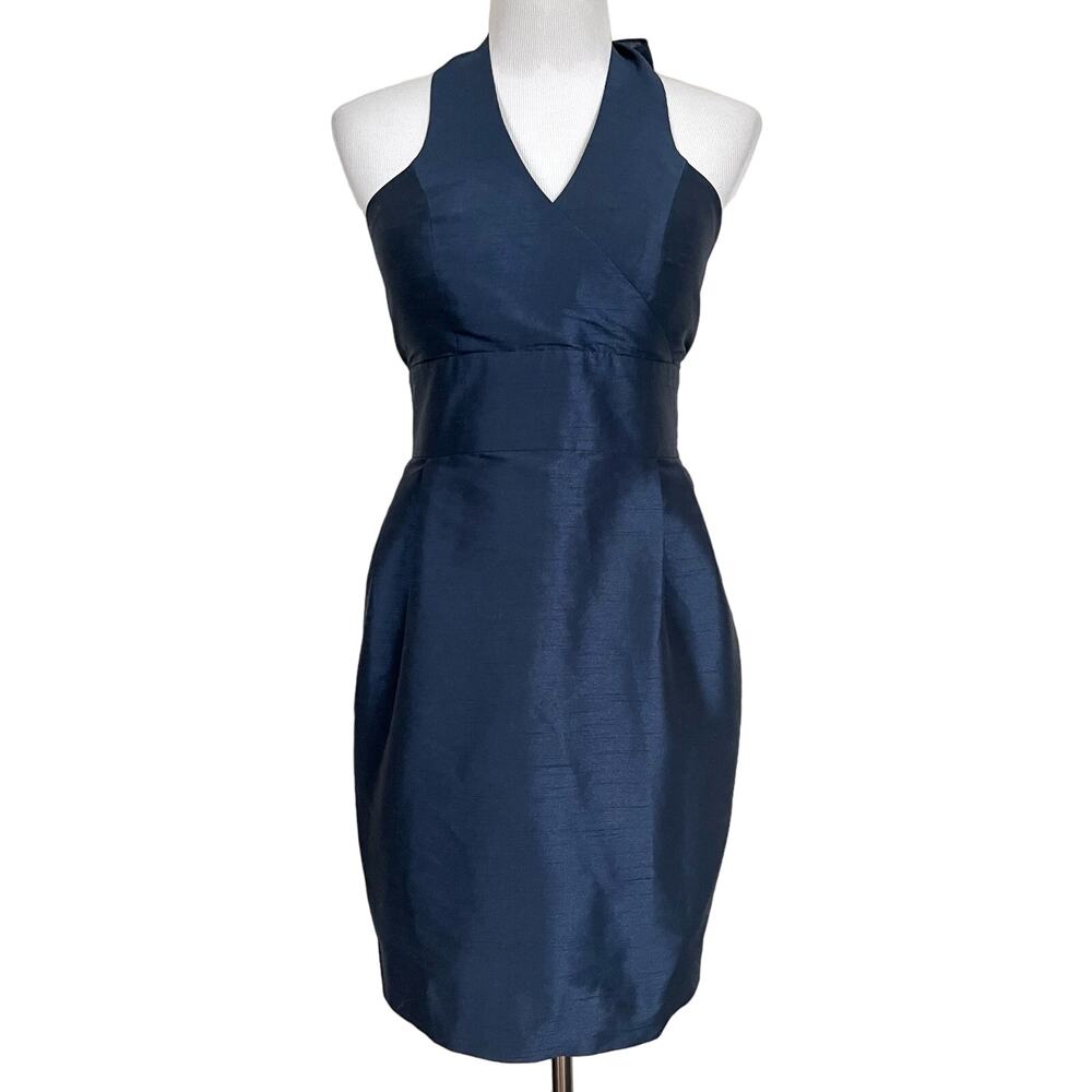 Lula Kate Halter Dress Dupioni Silk Dark Blue Formal V-Neck Party Formal Sz 4
